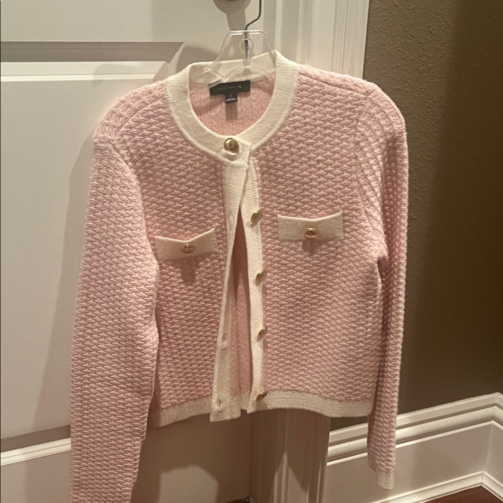 Ann Taylor Pink and Cream Cardigan with Gold Accents